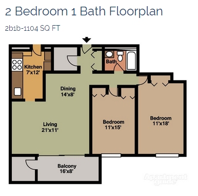 2 Bedroom 1 Bath Floorplan